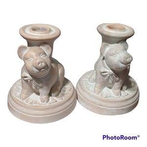 Vintage Pig Pink Distressed Candlestick Holders Plaster Unbranded